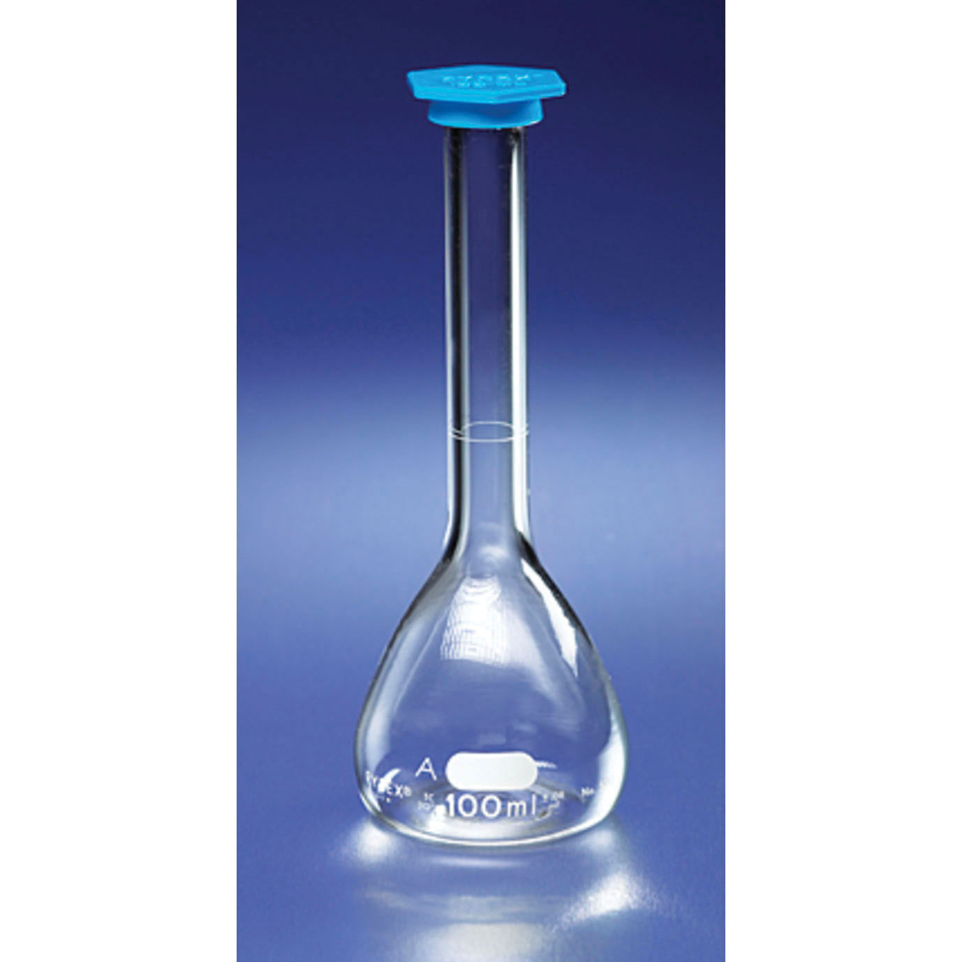 Pyrex® Class A Long Neck Volumetric Flask with HDPE Blue Snap Cap, 10